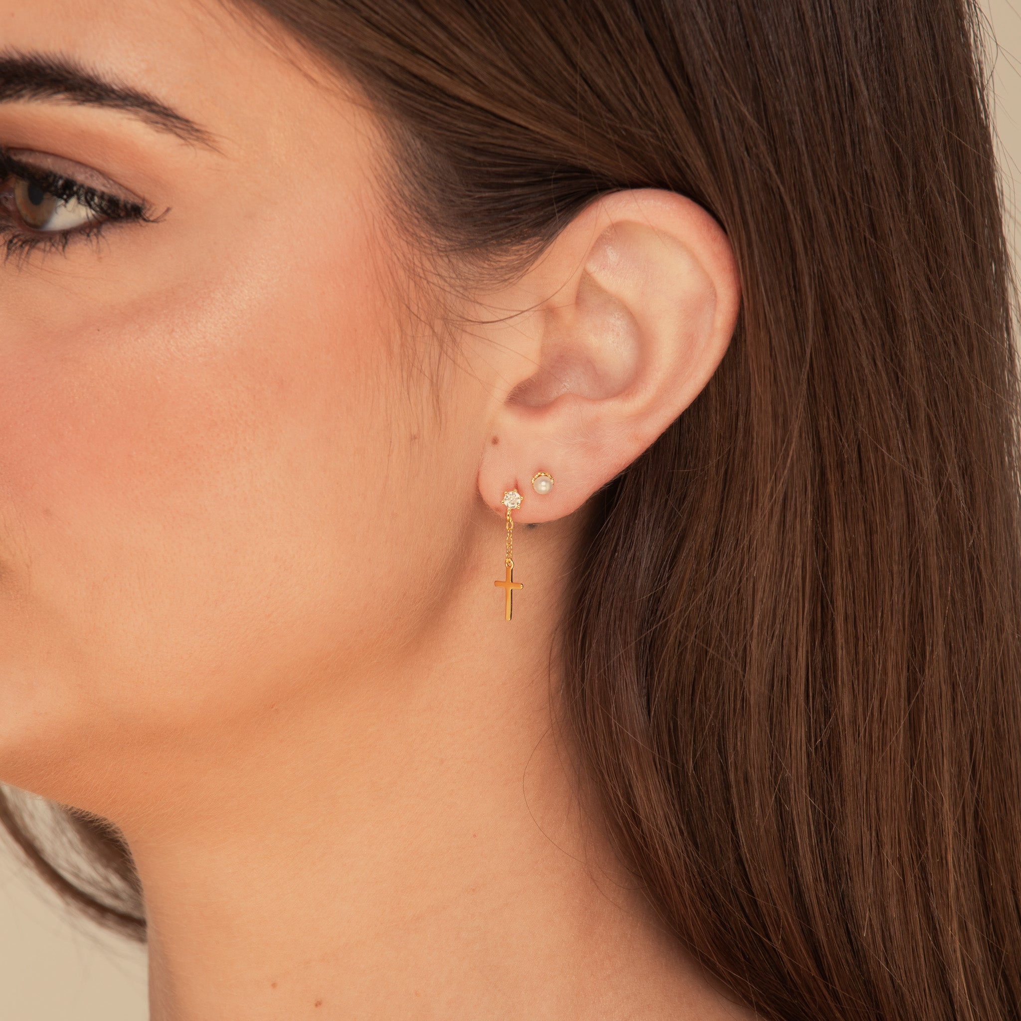 Cross Chain Drop Stud Earrings Gold