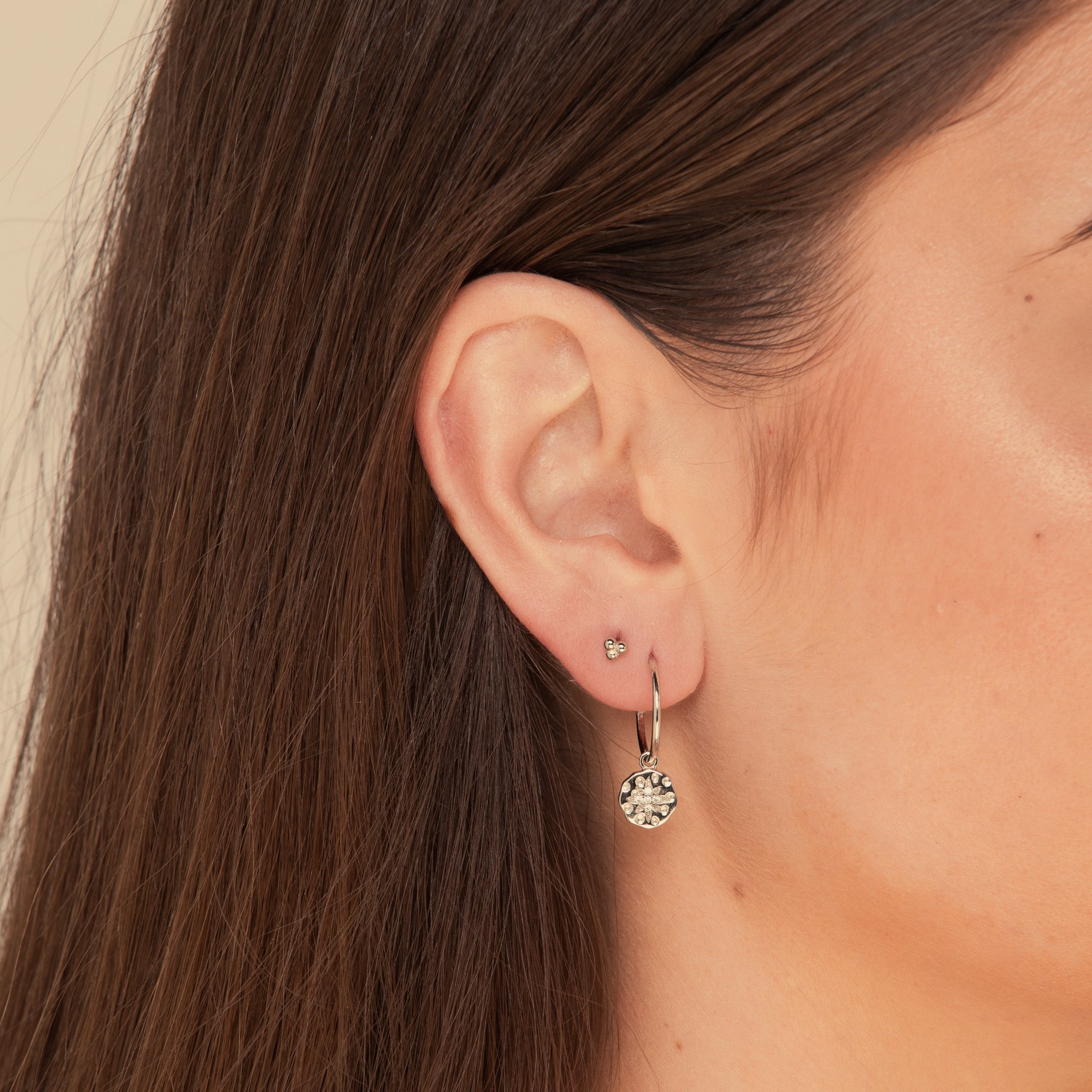 North Star Hammered Disc Hoop Earrings Silver