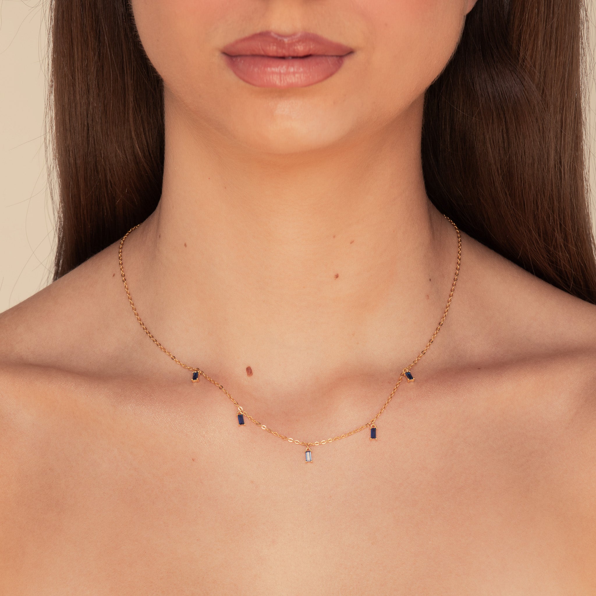 Blue Baguette Dangling Necklace Rose Gold