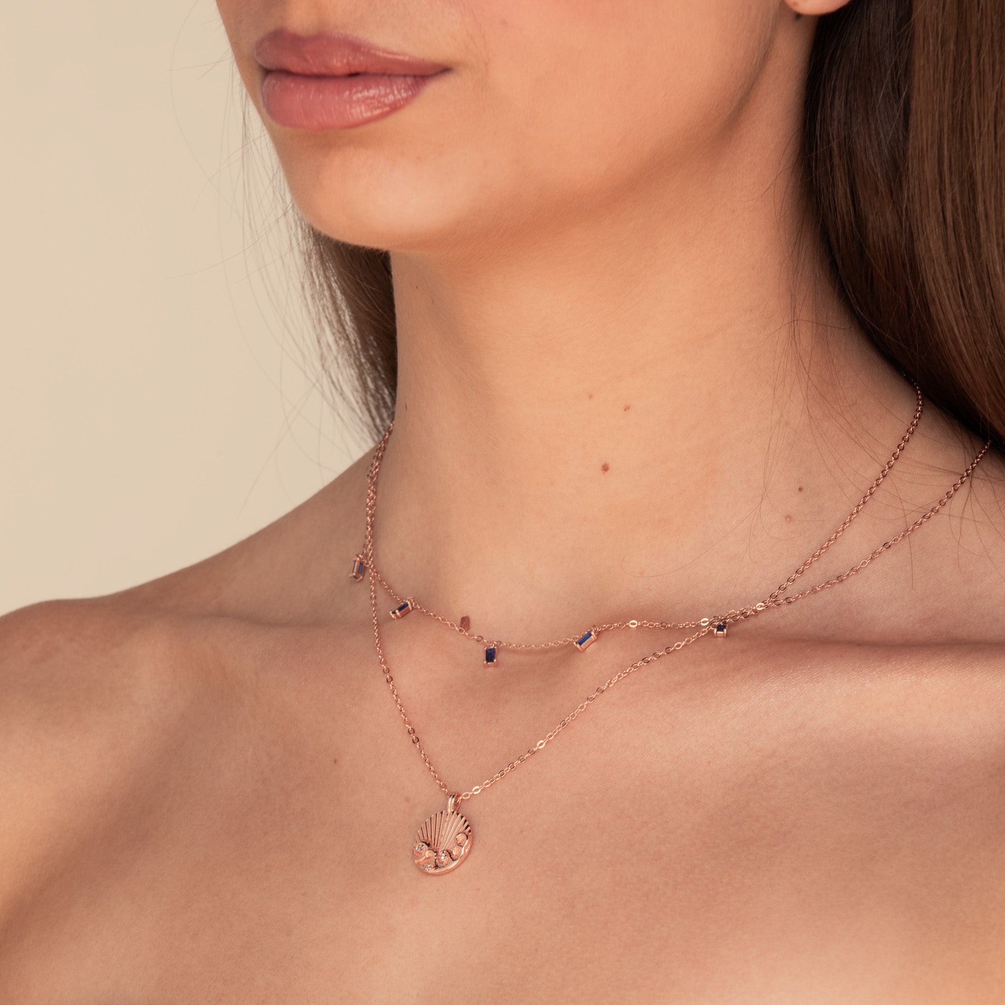 Blue Baguette Dangling Necklace Rose Gold