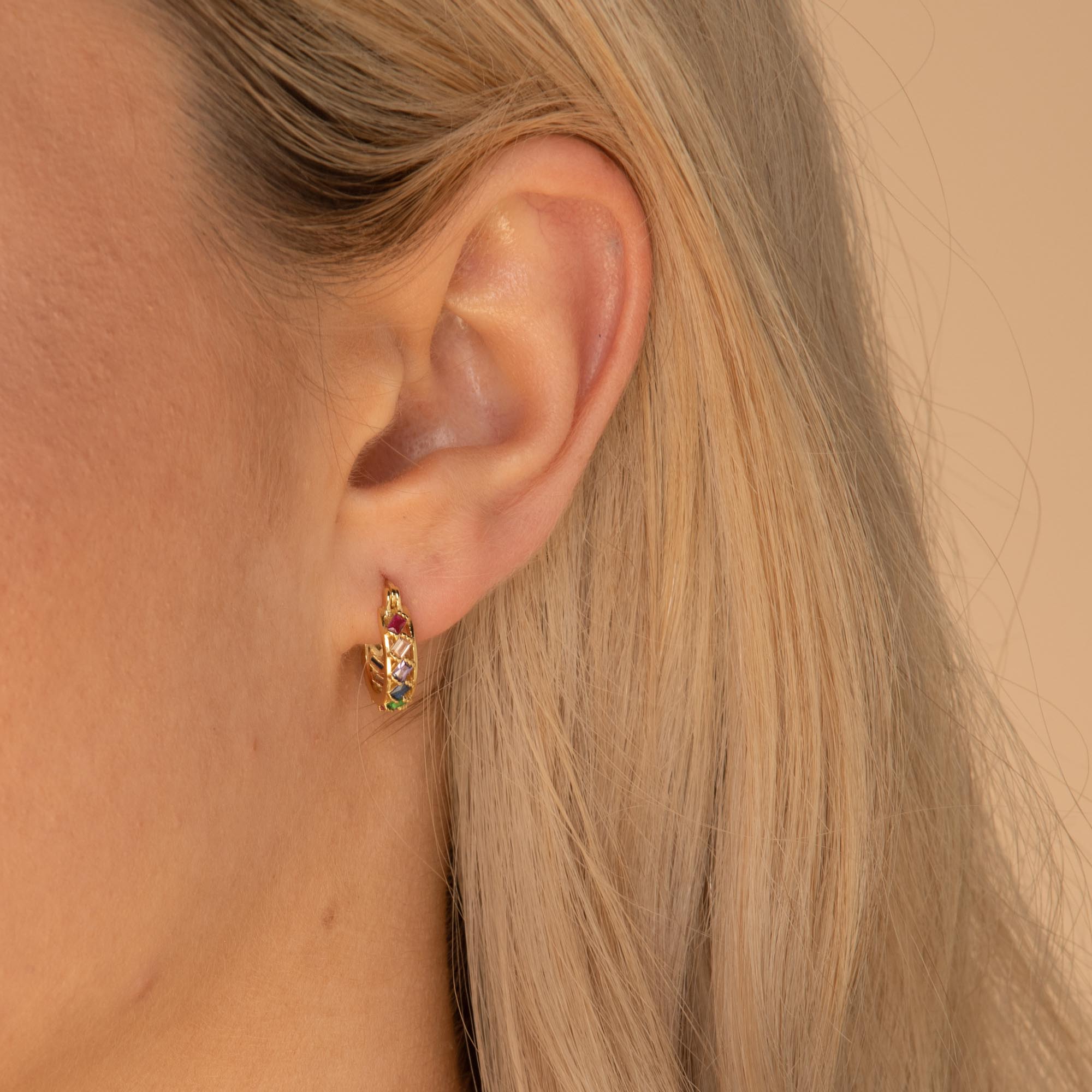 Floating Rainbow Baguette Huggie Earrings Gold