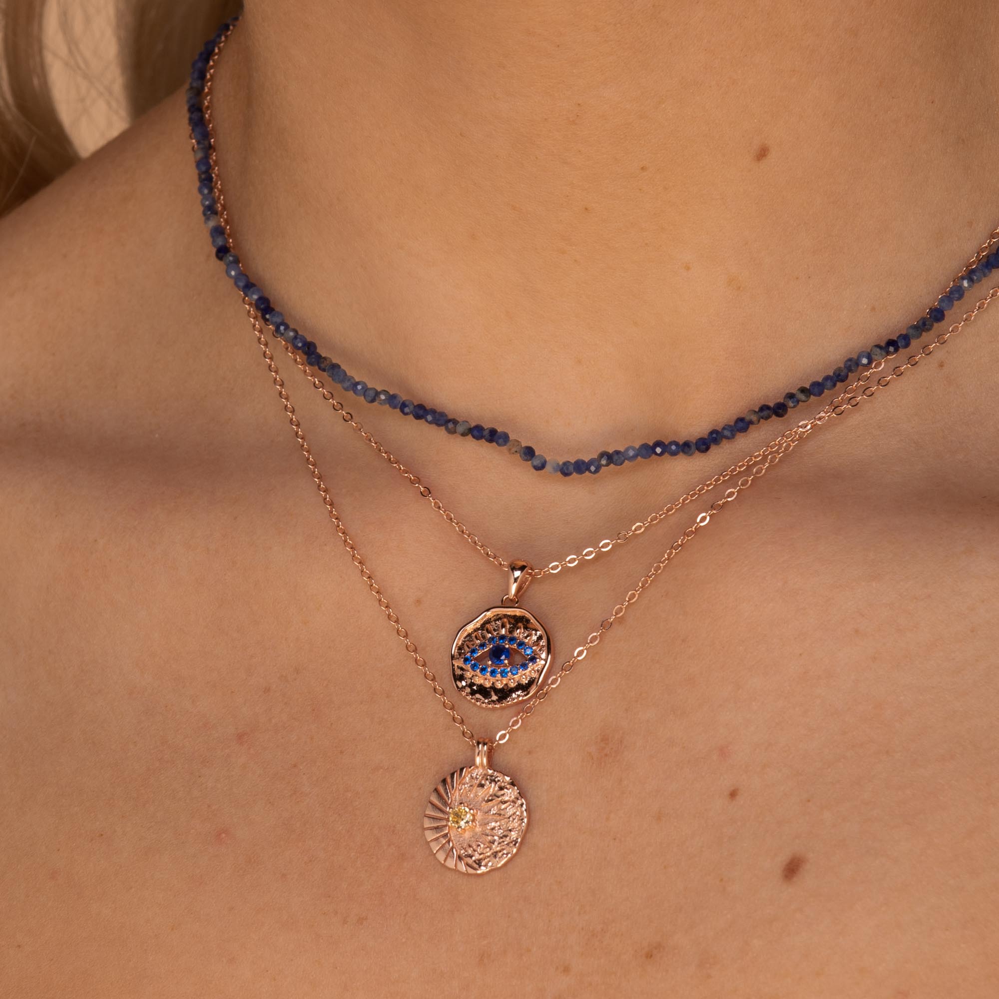 Evil Eye Cut Out Sapphire Necklace Rose Gold