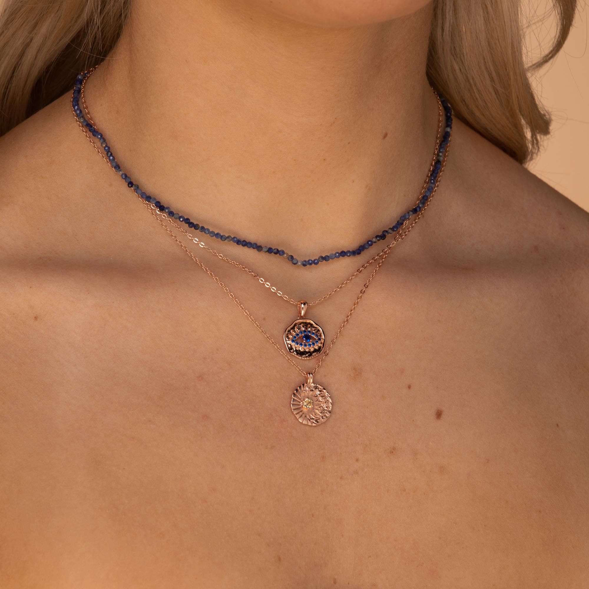 Evil Eye Cut Out Sapphire Necklace Rose Gold