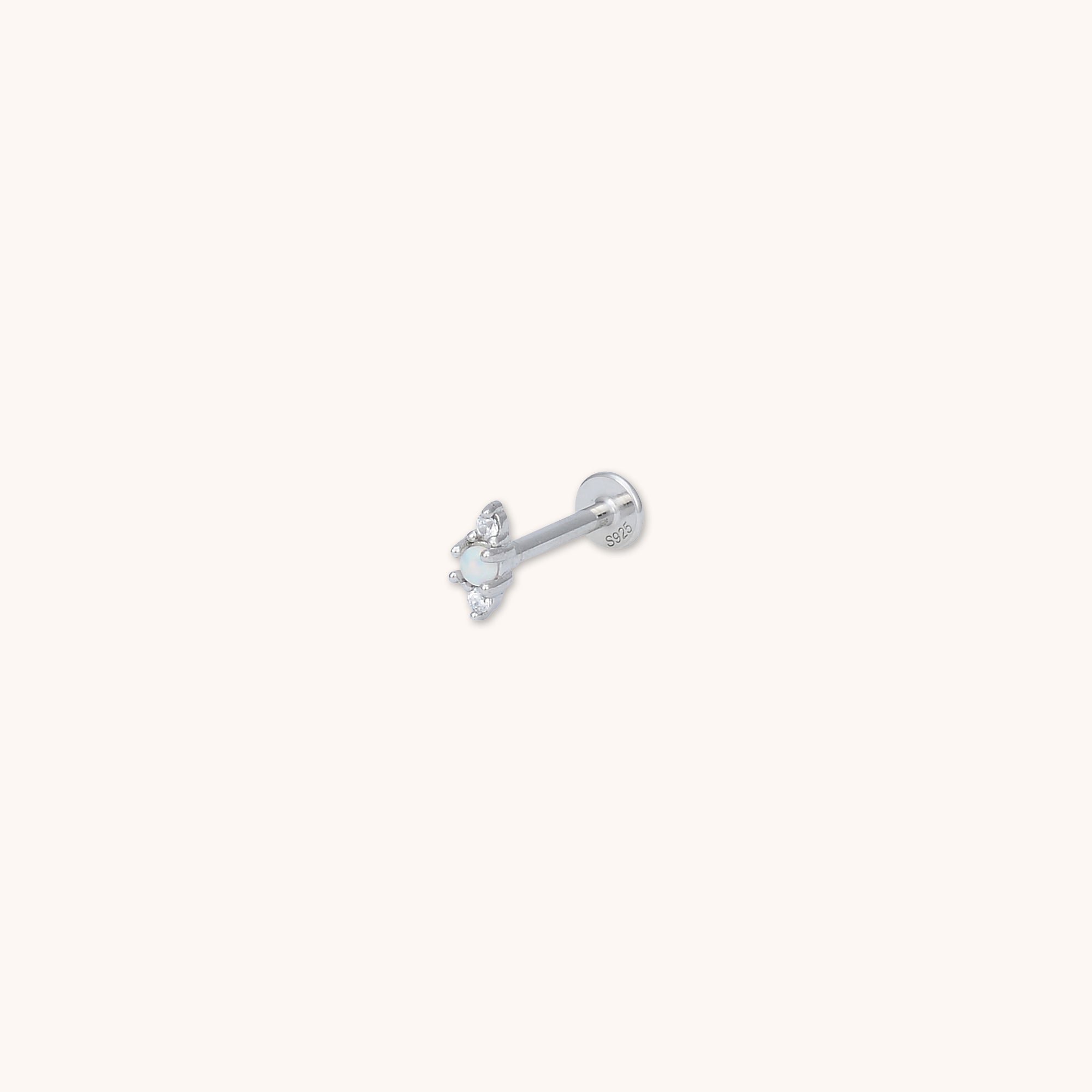 Opal Zirconia Flat Back Single Labret Earring Silver