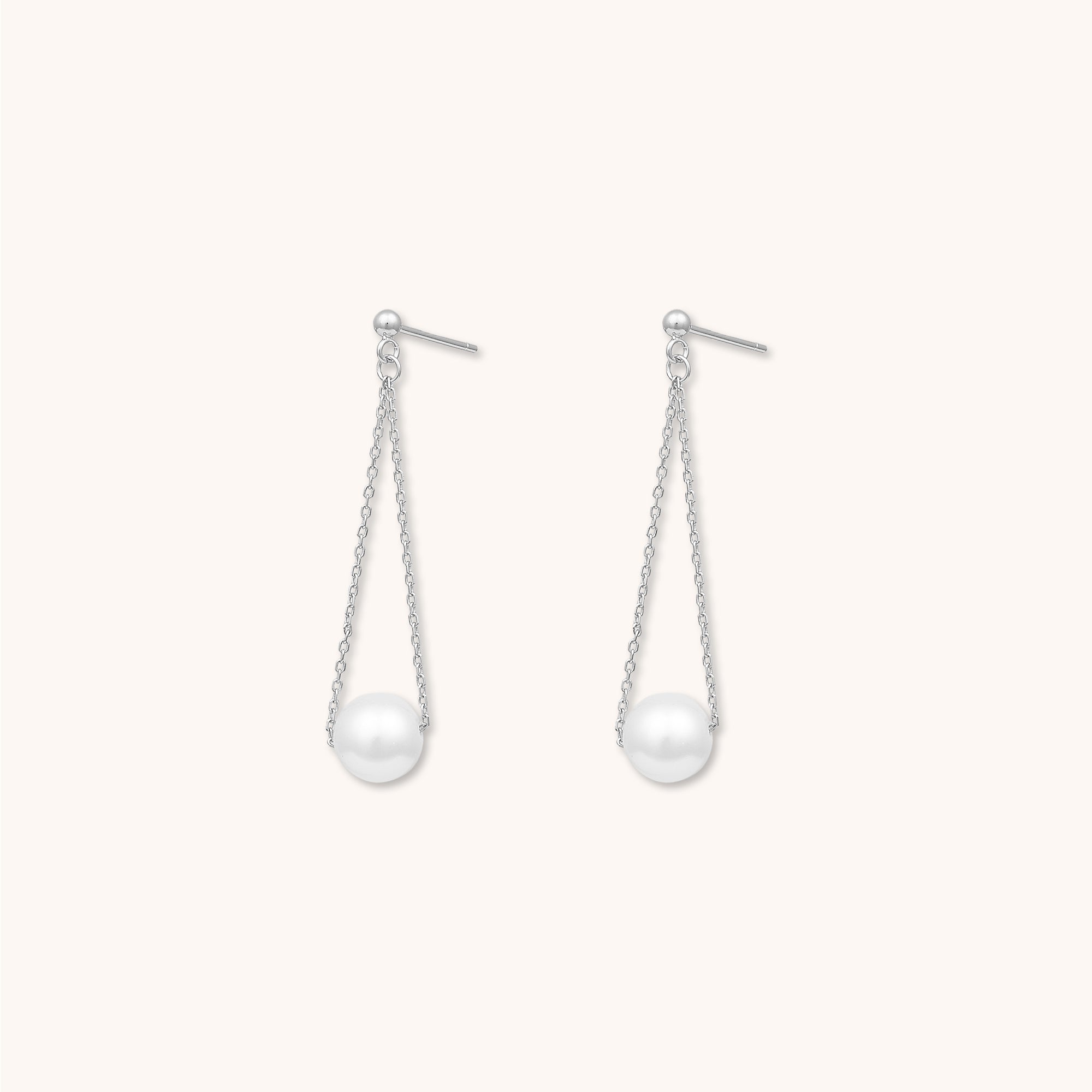 Haze Pearl Long Chain Stud Earrings Silver